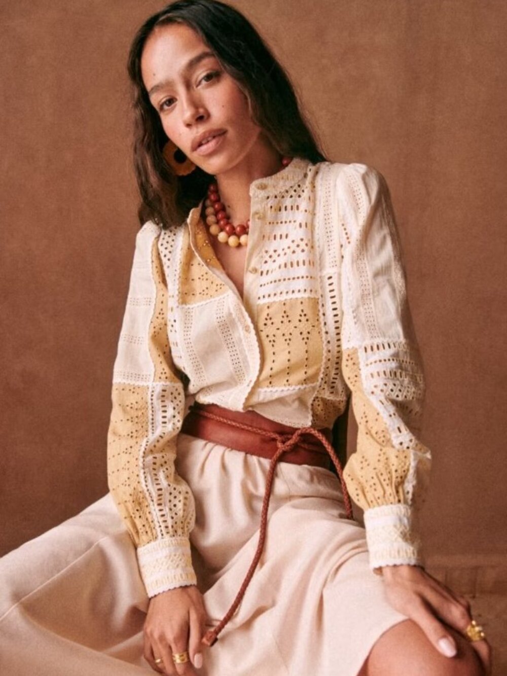 NEW Sezane Lea Shirt Top Sz 34 Cotton Tan Cream Beige Patchwork Embroider